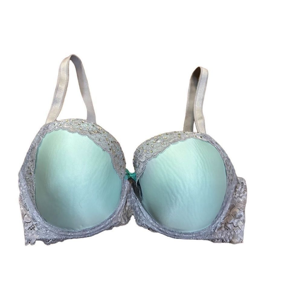 Victoria’s Secret Dream Angels Lined Demi 36DD aqua & gray lace crystal embellis